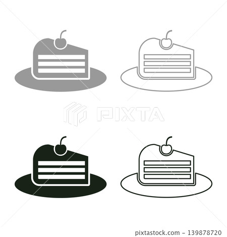 Piece of cake slice with cherry set icon grey black color vector illustration image solid fill outline contour line thin flat style Piece of cake slice with cherry set icon grey black color vector illustration image solid fill outline contour line thin flat style 139878720