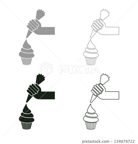 Piping cream onto pastry from pastry bag in hand set icon grey black color vector illustration image solid fill outline contour line thin flat style Piping cream onto pastry from pastry bag in hand set icon grey black color vector illustration image solid fill outline contour line thin flat style 139878722