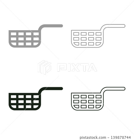 Mesh basket for deep fryer with handle and french frie kitchen appliance for fast food concept roast product in hot oil Air fryer set icon grey black color vector illustration image solid fill Mesh basket for deep fryer with handle and french frie kitchen appliance for fast food concept roast product in hot oil Air fryer set icon grey black color vector illustration image solid fill 139878744