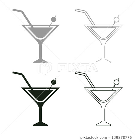 Martini cocktail with straw and olive garnished in glass alcoholic concept leisure set icon grey black color vector illustration image solid fill outline contour line thin flat style Martini cocktail with straw and olive garnished in glass alcoholic concept leisure set icon grey black color vector illustration image solid fill outline contour line thin flat style 139878776