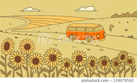 A cheerful vector illustration of an orange vintage van driving through a scenic countryside with rolling hills and a field full of blooming sunflowers. Peaceful summer road trip in nature. 139879592