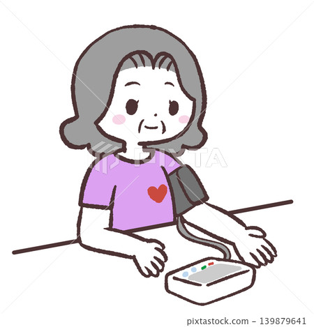 一位老年婦女正在測量血壓的插圖。 139879641
