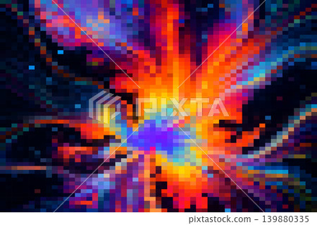 Dynamic abstract gradient blurred checkered pattern. Colorful pixelated cosmic explosion with vibrant neon shades. A galactic burst, digital nebula. For gaming graphics, music covers, sci-fi posters Dynamic abstract gradient blurred checkered pattern. Colorful pixelated cosmic explosion with vibrant neon shades. A galactic burst, digital nebula. For gaming graphics, music covers, sci-fi posters 139880335