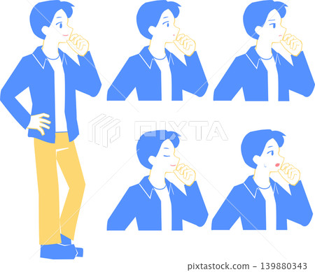 一個藍黃相間的男人側臉，一隻手托著下巴。 139880343