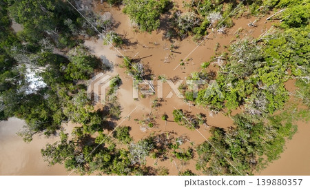 a muddy brown river winding through dense tropical rainforest under a partly cloudy blue sky, 139880357