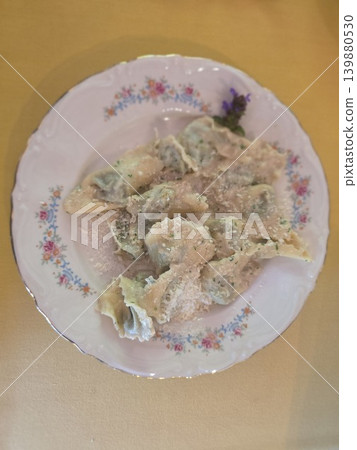 Pansoti with walnut sause typical stuffed pasta of liguria italy Pansoti with walnut sause typical stuffed pasta of liguria italy 139880530