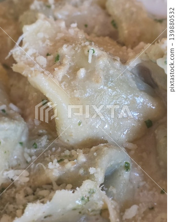 Pansoti with walnut sause typical stuffed pasta of liguria italy Pansoti with walnut sause typical stuffed pasta of liguria italy 139880532