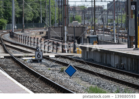 Close Up of Railway Tracks and Platform Signs Close Up of Railway Tracks and Platform Signs 139880593