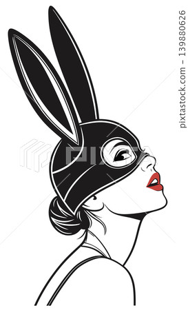 A woman with a black bunny mask and long ears, red lips and a sleek hairstyle. Color palette: black, white, and red. Minimalist poster. Vector illustration, ideal for print t-shirt, logo, or wall art 139880626