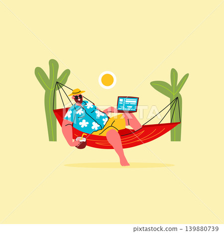 Man in a Hawaiian shirt relaxing and working in hammock with a laptop and coconut drink. Remote work in a tropical location, digital nomad lifestyle. Colorful flat vector illustration. 139880739