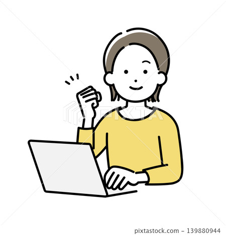 An illustration of a young woman making a victory pose in front of a laptop. An illustration of a young woman making a victory pose in front of a laptop. 139880944