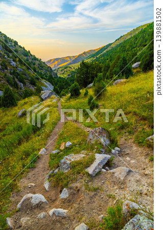Mountain Valley Trail at Sunrise or Sunset in Kyrgyzstan 139881502