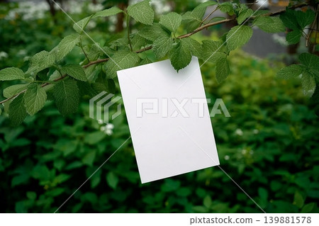 Mockup of A4 sheet on green vegetation background, branches of shrubbery, blurred background, soft diffuse focus. Blank of a poster with space for text or design. White letterhead, presentation Mockup of A4 sheet on green vegetation background, branches of shrubbery, blurred background, soft diffuse focus. Blank of a poster with space for text or design. White letterhead, presentation 139881578