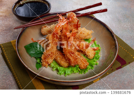 shrimp in tempura, deep fried, with soy sauce, close-up, top view, without people, shrimp in tempura, deep fried, with soy sauce, close-up, top view, without people, 139881676