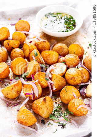 young baked potatoes, with chopped herbs and onions, cooked on a baking sheet, in the kitchen young baked potatoes, with chopped herbs and onions, cooked on a baking sheet, in the kitchen 139881690