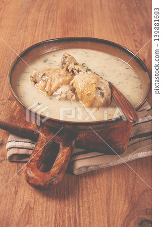 Chikhirtma chicken soup, Georgian dish, with lavash, top view, no people, 139881693