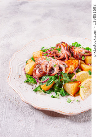 Grilled octopus with baked potatoes and fresh herbs, on a decorative light plate, homemade, no people 139881698