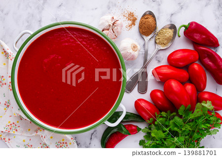 Georgian Satsebeli sauce, made from tomatoes and sweet peppers, with spices, homemade, no people, Georgian Satsebeli sauce, made from tomatoes and sweet peppers, with spices, homemade, no people, 139881701