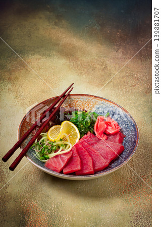 tuna sashimi with daikon and wakame salad, pickled ginger, in a bowl, tuna sashimi with daikon and wakame salad, pickled ginger, in a bowl, 139881707