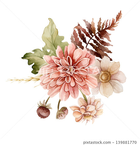 Autumn flowers leaves bouquet. Fall plants Dahlia Chrysanthemum Astra. Watercolor hand drawn floral illustration isolated on white background wedding home textile cosmetic package porcelain crockery 139881770