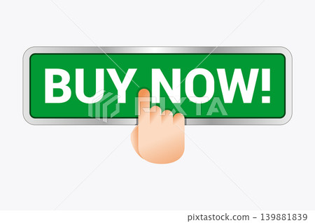 Buy now button with hand cursor. Shop now hand pointer clicking. Online shopping. Vector illustration. Buy now button with hand cursor. Shop now hand pointer clicking. Online shopping. Vector illustration. 139881839