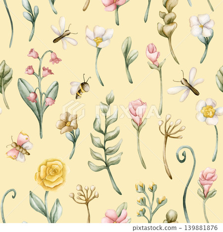 Cute Colourful Meadow Flower Insect Seamless Pattern. Watercolor summer bloom floral illustration hand painted isolated on yellow background for nursery design fresh print fabric textile wrapping pape Cute Colourful Meadow Flower Insect Seamless Pattern. Watercolor summer bloom floral illustration hand painted isolated on yellow background for nursery design fresh print fabric textile wrapping pape 139881876