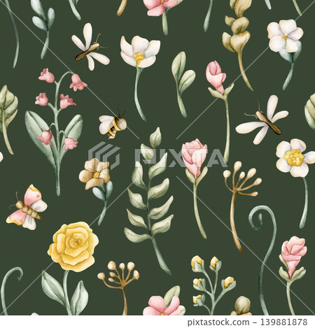 Cute Colourful Meadow Flower Insect Seamless Pattern. Watercolor summer bloom floral illustration hand painted isolated on dark green background for nursery design print fabric textile wrapping paper Cute Colourful Meadow Flower Insect Seamless Pattern. Watercolor summer bloom floral illustration hand painted isolated on dark green background for nursery design print fabric textile wrapping paper 139881878