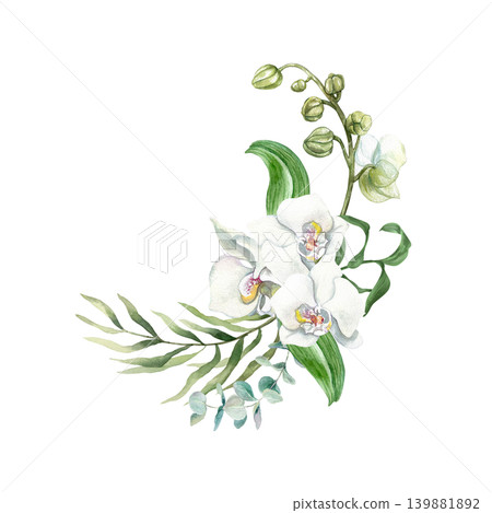 White orchids. Bouquet of tropical flowers with green palm leaves and a sprig of eucalyptus. Hand drawn watercolor illustration, isolated. Suitable for card designs, wedding invitations and cosmetics. White orchids. Bouquet of tropical flowers with green palm leaves and a sprig of eucalyptus. Hand drawn watercolor illustration, isolated. Suitable for card designs, wedding invitations and cosmetics. 139881892
