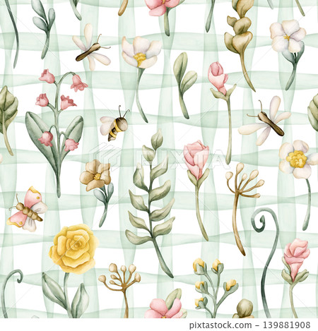 Cute Colourful Meadow Flower Insect Green Checked Seamless Pattern. Watercolor summer bloom floral illustration hand painted isolated on white background for nursery design fresh print fabric textile Cute Colourful Meadow Flower Insect Green Checked Seamless Pattern. Watercolor summer bloom floral illustration hand painted isolated on white background for nursery design fresh print fabric textile 139881908