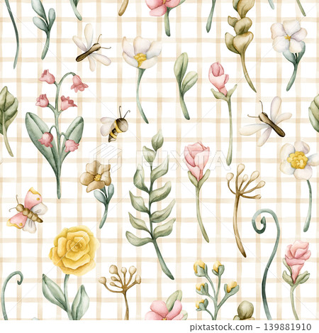 Cute Colourful Meadow Flower Insect Beige Checked Seamless Pattern. Watercolor summer bloom floral illustration hand painted isolated on white background for nursery design fresh print fabric textile Cute Colourful Meadow Flower Insect Beige Checked Seamless Pattern. Watercolor summer bloom floral illustration hand painted isolated on white background for nursery design fresh print fabric textile 139881910
