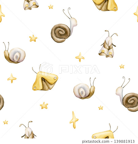 Cute Snail Butterfly Moth Stars Seamless Pattern. Watercolor illustration hand painted isolated on white background for nursery baby kids design insect spring summer forest fabric textile fresh prints Cute Snail Butterfly Moth Stars Seamless Pattern. Watercolor illustration hand painted isolated on white background for nursery baby kids design insect spring summer forest fabric textile fresh prints 139881913