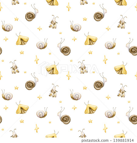 Cute Snail Butterfly Moth Stars Seamless Pattern. Watercolor illustration hand painted isolated on white background for nursery baby kids design insect spring summer forest fabric textile fresh prints Cute Snail Butterfly Moth Stars Seamless Pattern. Watercolor illustration hand painted isolated on white background for nursery baby kids design insect spring summer forest fabric textile fresh prints 139881914
