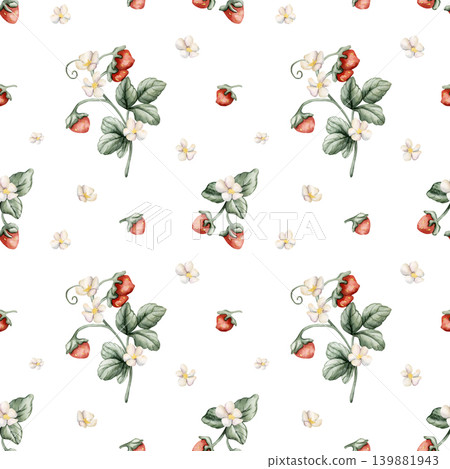 Wild Strawberry Branch Seamless Pattern. Watercolor summer spring floral forest illustration hand painted isolated on white background for nursery baby kids design print fabric textile wrapping paper Wild Strawberry Branch Seamless Pattern. Watercolor summer spring floral forest illustration hand painted isolated on white background for nursery baby kids design print fabric textile wrapping paper 139881943