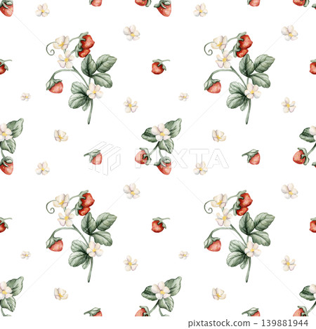 Wild Strawberry Branch Seamless Pattern. Watercolor summer spring floral forest illustration hand painted isolated on white background for nursery baby kids design print fabric textile wrapping paper Wild Strawberry Branch Seamless Pattern. Watercolor summer spring floral forest illustration hand painted isolated on white background for nursery baby kids design print fabric textile wrapping paper 139881944