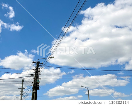 Electricity Poles and Wires Under Blue Sky With Clouds in Afternoon 139882114
