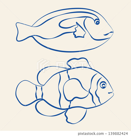 Hand-drawn isolated sea reef tropical fish, blue tang and clownfish in line art doodle style for seaside summer vacation projects Hand-drawn isolated sea reef tropical fish, blue tang and clownfish in line art doodle style for seaside summer vacation projects 139882424