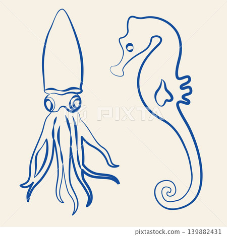 Hand-drawn isolated sea horse and squid in line art doodle style, underwater sea animal for decoration or product design 139882431