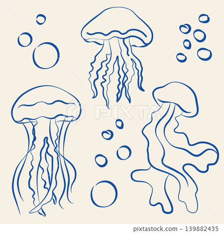 Hand-drawn jellyfish collection in line art doodle style, underwater sea animals for decoration or product design Hand-drawn jellyfish collection in line art doodle style, underwater sea animals for decoration or product design 139882435
