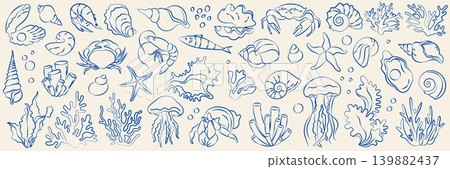 Hand-drawn underwater sea animals, corals, seaweed, shells, mollusk, jellyfish, crab collection im line art doodle style 139882437
