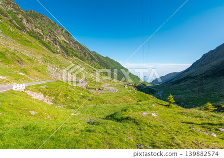 Transfagarasan road through mountains winding uphill. popular highway travel destination of Romania. nice view of mountain on summertime weather. road journey landscape 139882574