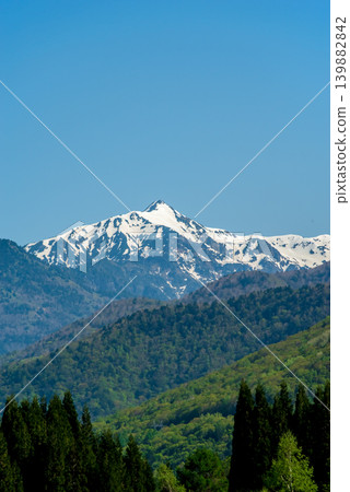 A view of the snow-capped Mt. Kasagatake from Hirayu Onsen in Okuhida Onsenkyo. A view of the snow-capped Mt. Kasagatake from Hirayu Onsen in Okuhida Onsenkyo. 139882842