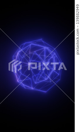 Abstract purple wireframe sphere with polygonal glowing lines, digital network geometry, and futuristic dark background. 139882949