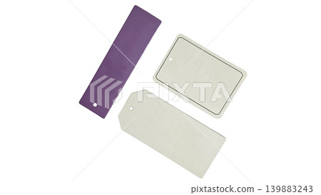 Set of blank hanging tags isolated on transparent background, purple and beige price labels for retail, gift wrapping, branding and product design. Set of blank hanging tags isolated on transparent background, purple and beige price labels for retail, gift wrapping, branding and product design. 139883243
