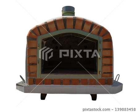 A traditional white dome shaped pizza oven featuring a rustic red brick arch. It stands alone on a white background, showcasing a simple design for cooking pizza. A traditional white dome shaped pizza oven featuring a rustic red brick arch. It stands alone on a white background, showcasing a simple design for cooking pizza. 139883458