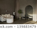 Modern grey loft living room interior with white sofa, black armchair and olive tree 139883479