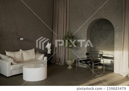 Modern grey loft living room interior with white sofa, black armchair and olive tree Modern grey loft living room interior with white sofa, black armchair and olive tree 139883479