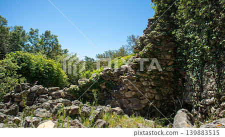Ancient stone ruins are covered with green plants and ivy. The bright blue sky fills the scene as sunlight shines on the historic site. Nature surrounds the remnants of the past in Spain. Ancient stone ruins are covered with green plants and ivy. The bright blue sky fills the scene as sunlight shines on the historic site. Nature surrounds the remnants of the past in Spain. 139883515