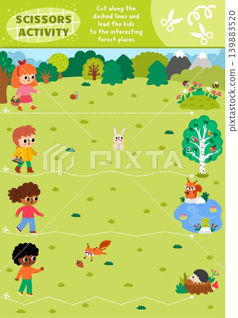 Vector forest explorers cutting activity. Scissors practice game with cute woodland landscape and curious kids. Wildlife printable worksheet. Simple snip puzzle for fine motor skills Vector forest explorers cutting activity. Scissors practice game with cute woodland landscape and curious kids. Wildlife printable worksheet. Simple snip puzzle for fine motor skills 139883520
