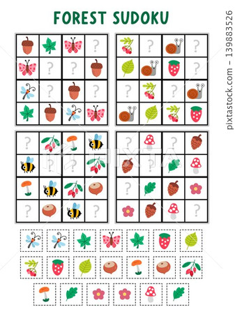 Vector forest sudoku puzzle for kids with pictures or stickers. Woodland quiz. Nature activity with snail, cone, leaf, mushroom, chestnut, acorn, berry. Draw or cut and glue missing object Vector forest sudoku puzzle for kids with pictures or stickers. Woodland quiz. Nature activity with snail, cone, leaf, mushroom, chestnut, acorn, berry. Draw or cut and glue missing object 139883526