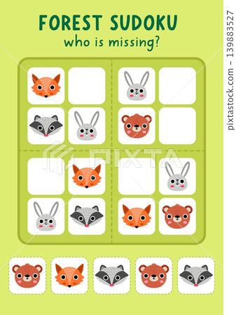 Vector forest animals sudoku puzzle for kids with pictures or stickers. Woodland quiz. Nature activity with fox, raccoon, hare, bear heads. Draw or cut and glue missing object. Who is missing Vector forest animals sudoku puzzle for kids with pictures or stickers. Woodland quiz. Nature activity with fox, raccoon, hare, bear heads. Draw or cut and glue missing object. Who is missing 139883527